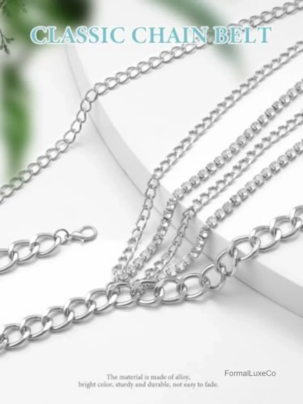 Metal Layered Chain Belt with Rhinestones Adjustable Waist